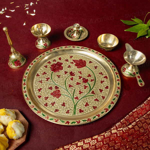 Brass Floral Meenakari Pooja Thali (10 Inch)