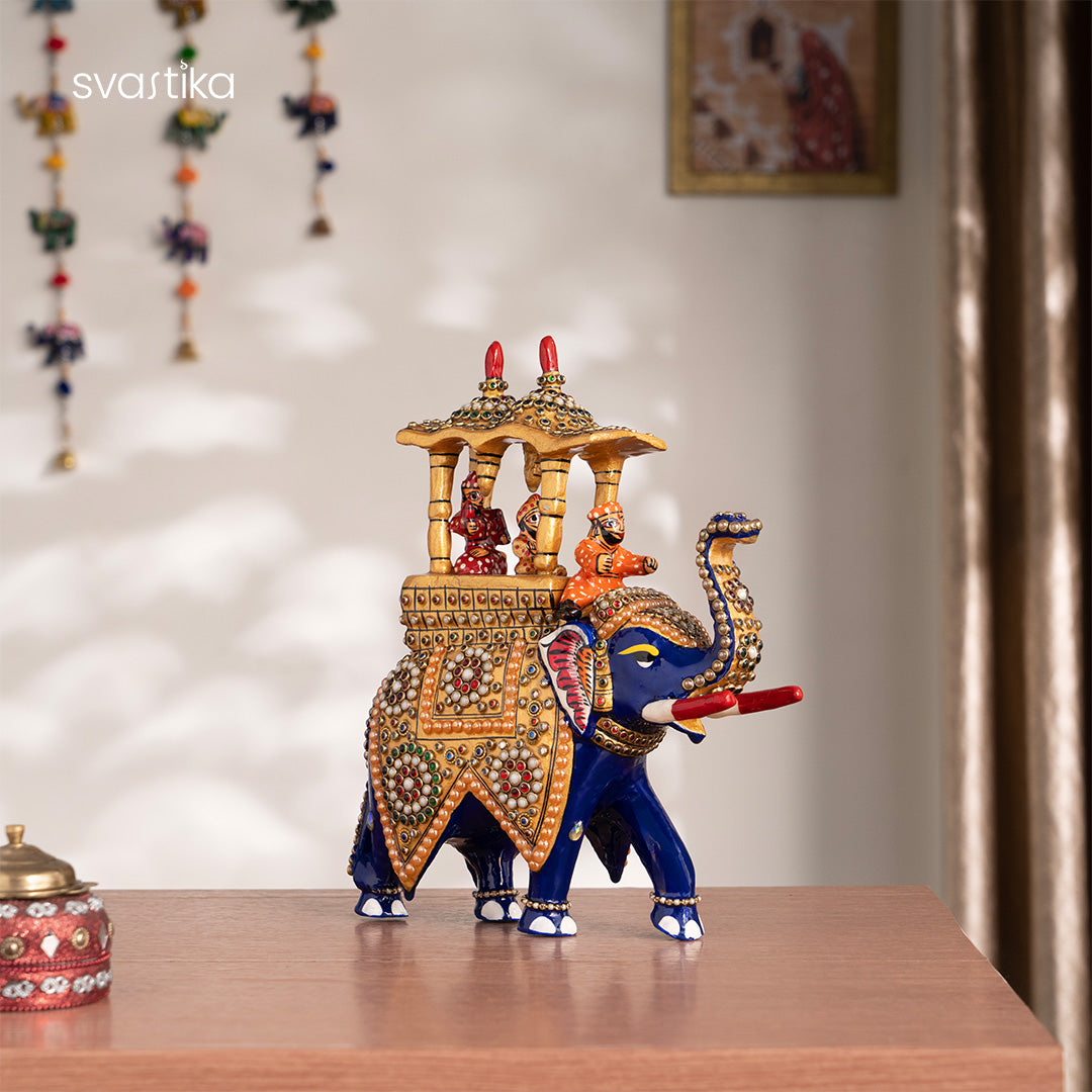 Decorative Blue Elephant With Ambari Statue (8 Inch)