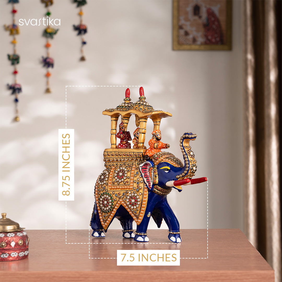 Decorative Blue Elephant With Ambari Statue (8 Inch)