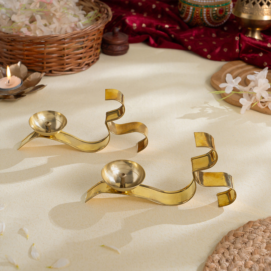 OM ૐ Brass Oil Lamp Diya with Handle - Set of 2 (3 Inch)