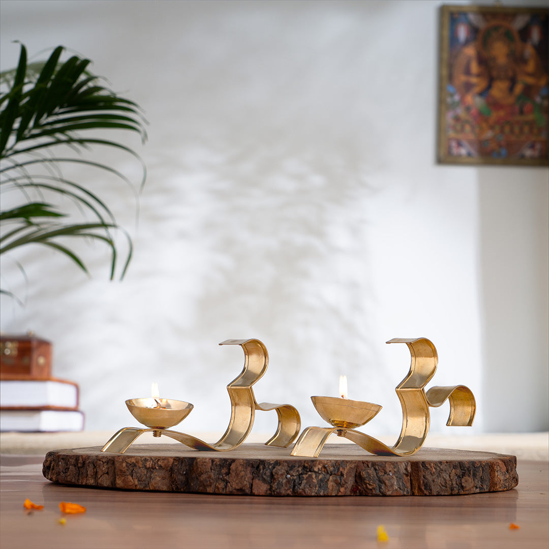 OM ૐ Brass Oil Lamp Diya with Handle - Set of 2 (3 Inch)