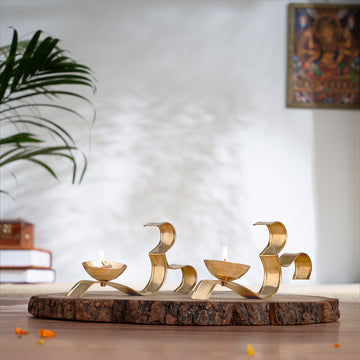 OM ૐ Brass Oil Lamp Diya with Handle - Set of 2 (3 Inch)