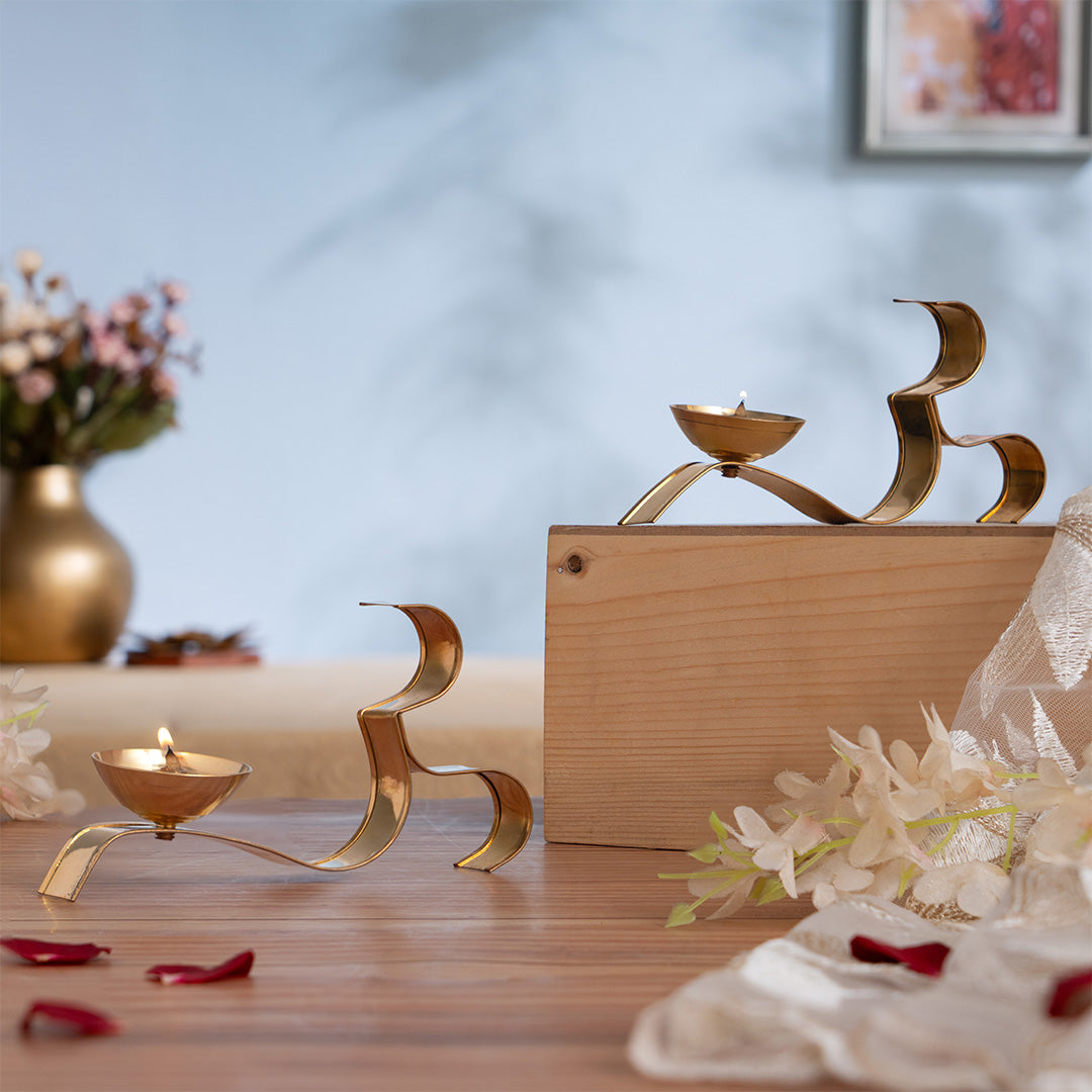 OM ૐ Brass Oil Lamp Diya with Handle 