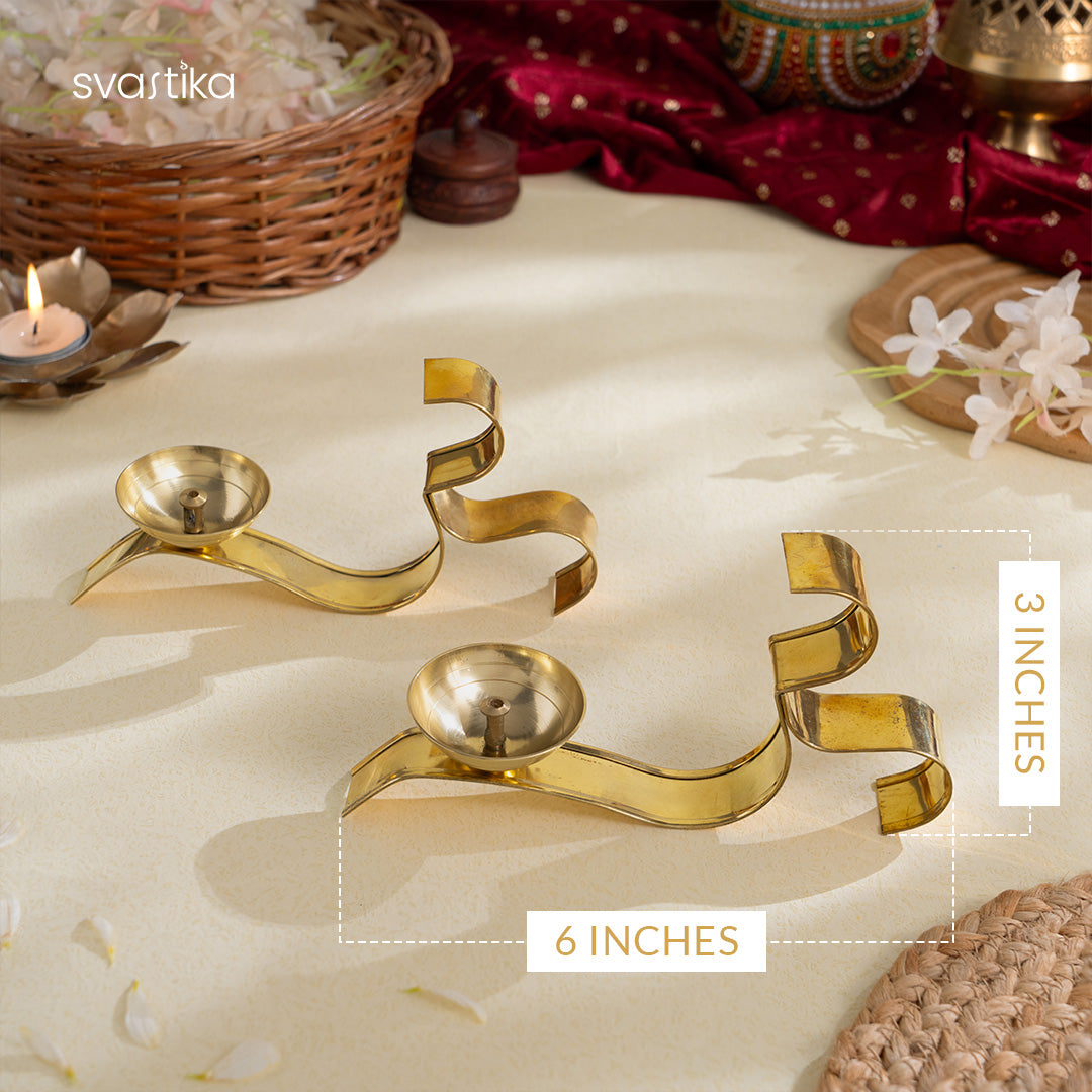 OM ૐ Brass Oil Lamp Diya with Handle - Set of 2 (3 Inch)