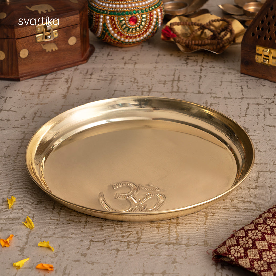 Om engraved  Brass Pooja Thali with Aarti Diya 