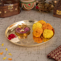 Om engraved  Brass Pooja Thali with Aarti Diya 