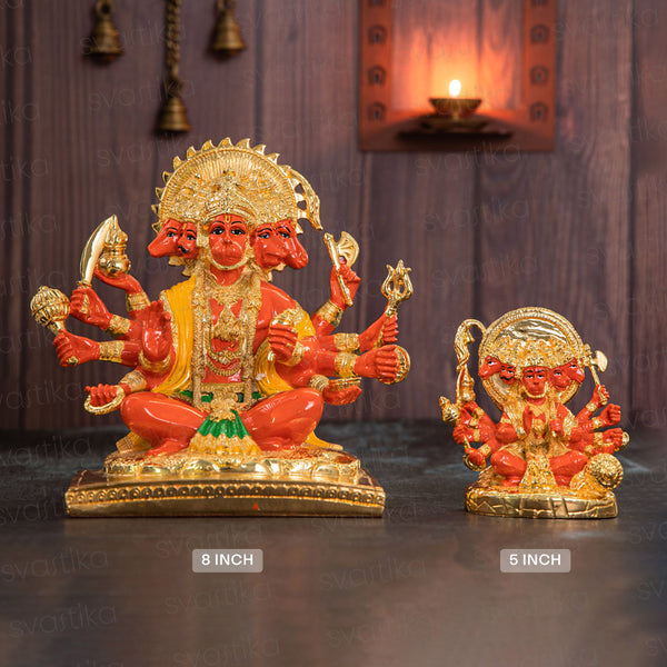 Panchmukhi Hanuman Statue With Orange Enamel - Gold Plated