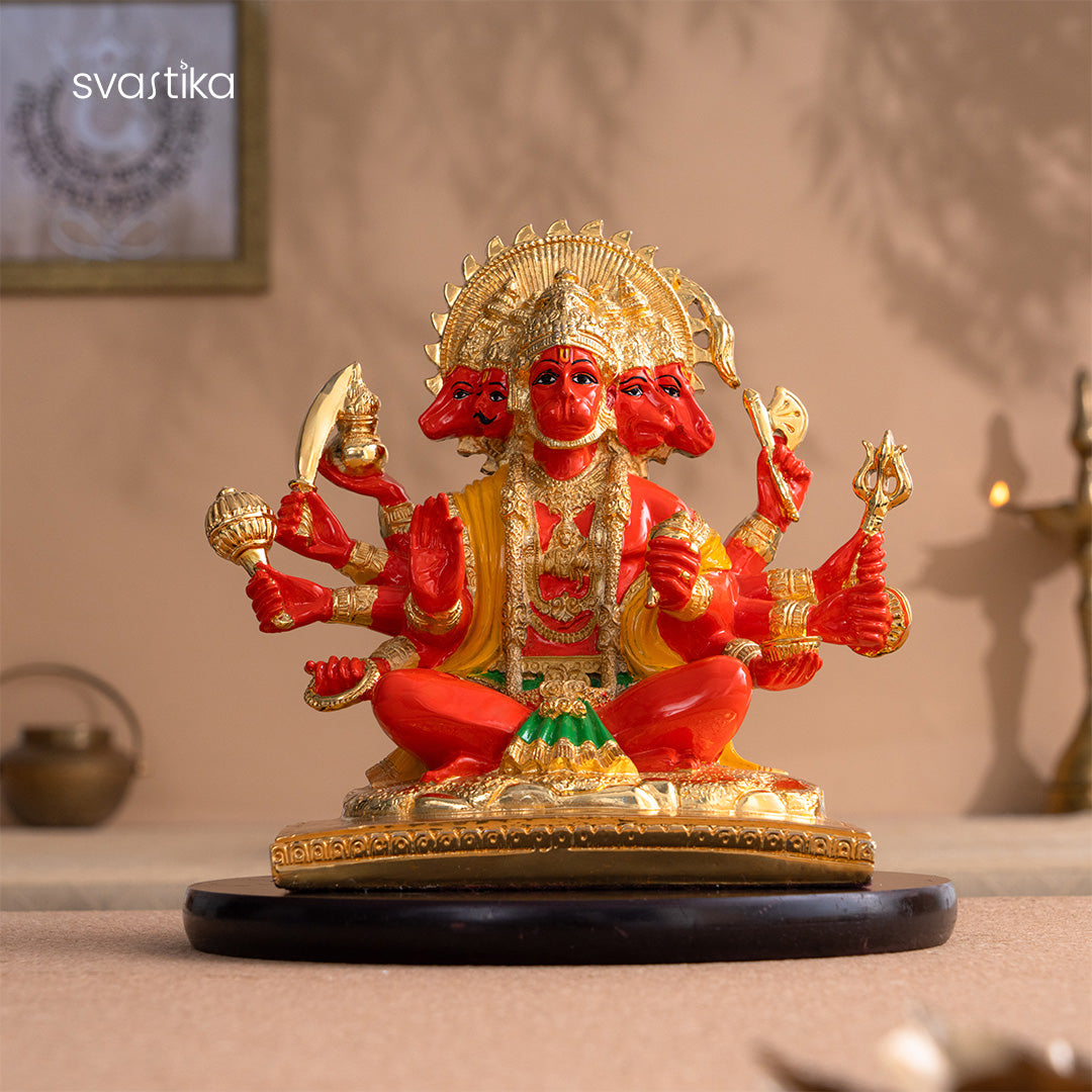 Panchmukhi Hanuman Statue With Orange Enamel - Gold Plated (8 Inch)