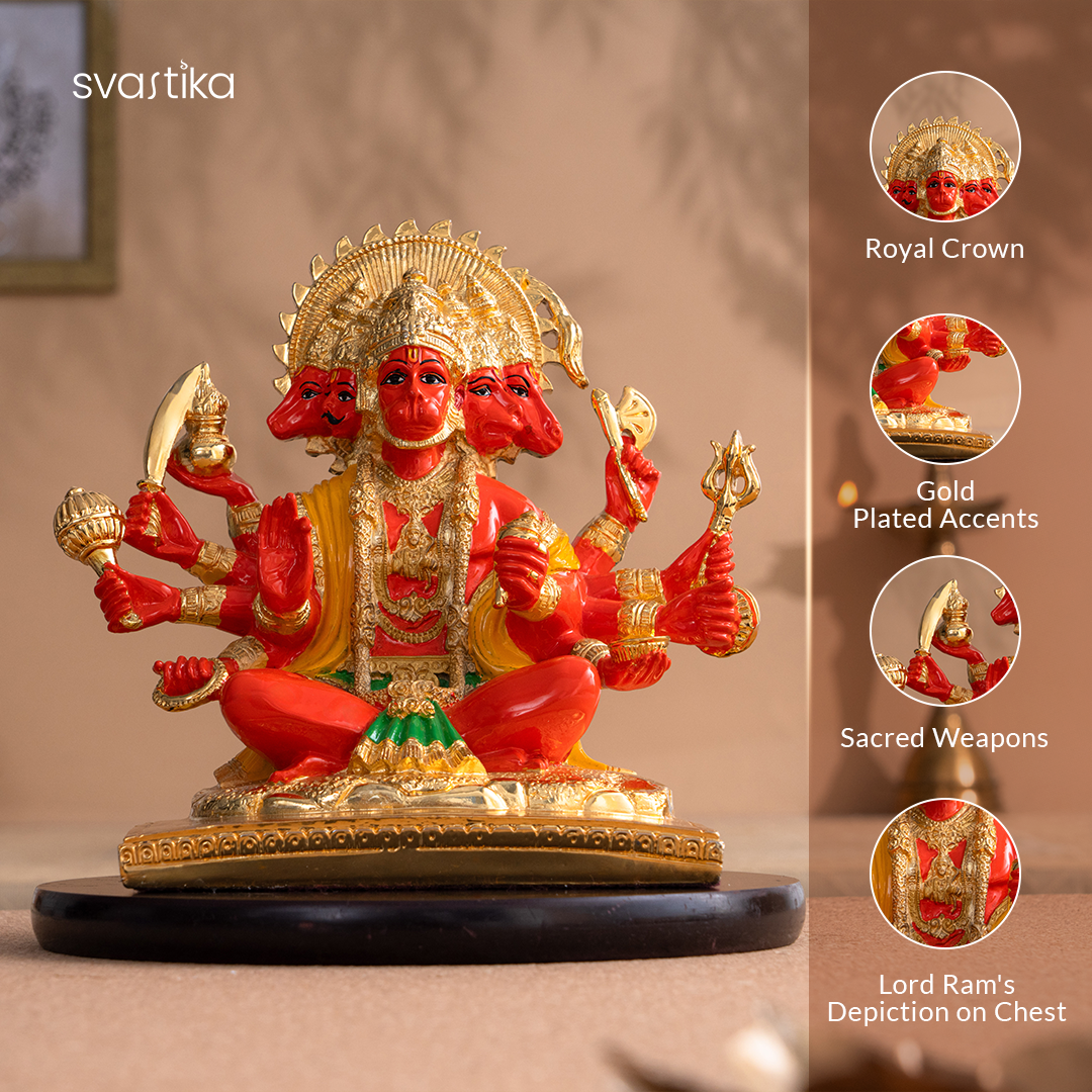 Panchmukhi Hanuman Statue With Orange Enamel 