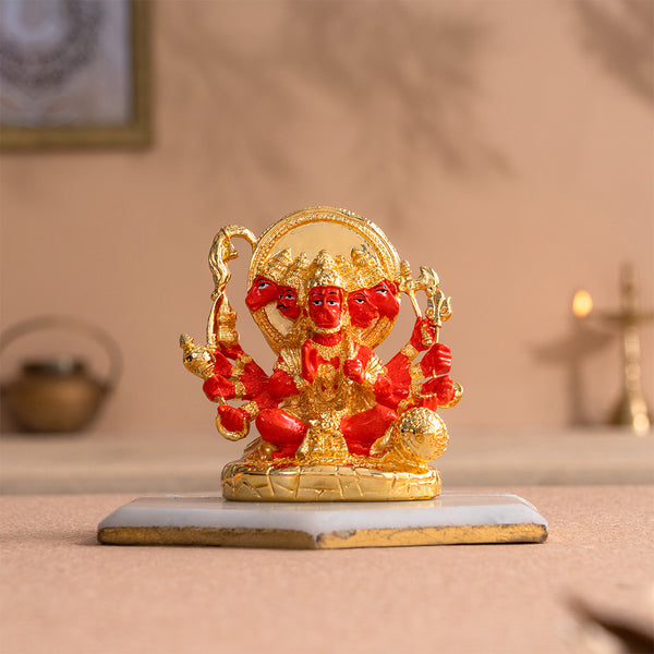 Panchmukhi Hanuman Statue With Orange Enamel - Gold Plated (5 Inch)