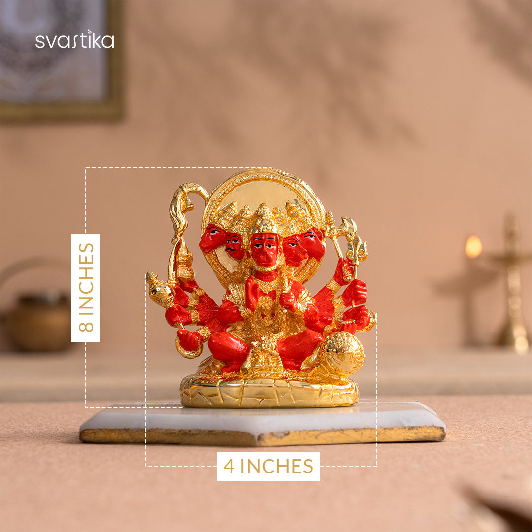 Panchmukhi Hanuman Statue With Orange Enamel - Gold Plated (5 Inch)
