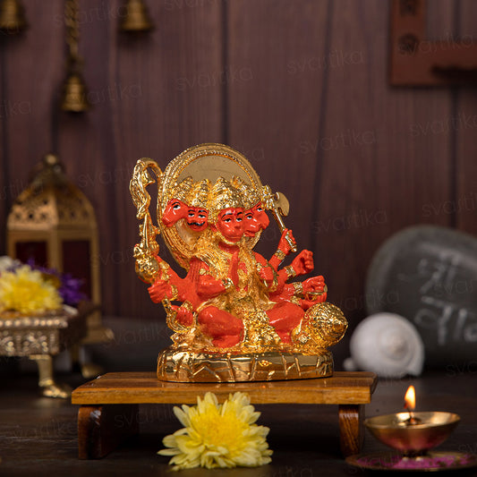 Panchmukhi Hanuman Statue | 24K Gold Coated with Orange Enamel