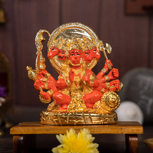 Panchmukhi Hanuman Statue With Orange Enamel - Gold Plated (5 Inch)