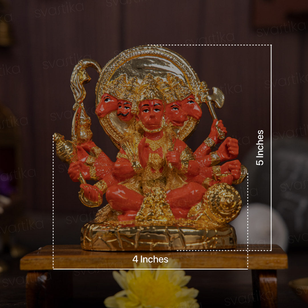 Panchmukhi Hanuman Statue With Orange Enamel - Gold Plated (5 Inch)