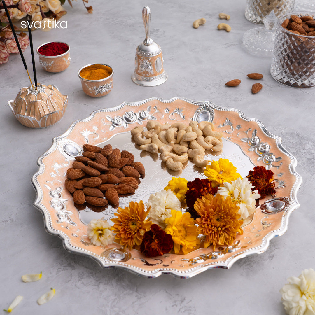 Peach Enamel German Silver Pooja Thali Set 