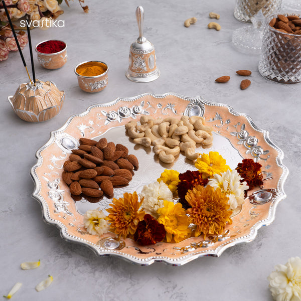 Peach Enamel German Silver Pooja Thali Set 
