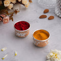 Peach Enamel German Silver Pooja Thali Set kumkum dabbis