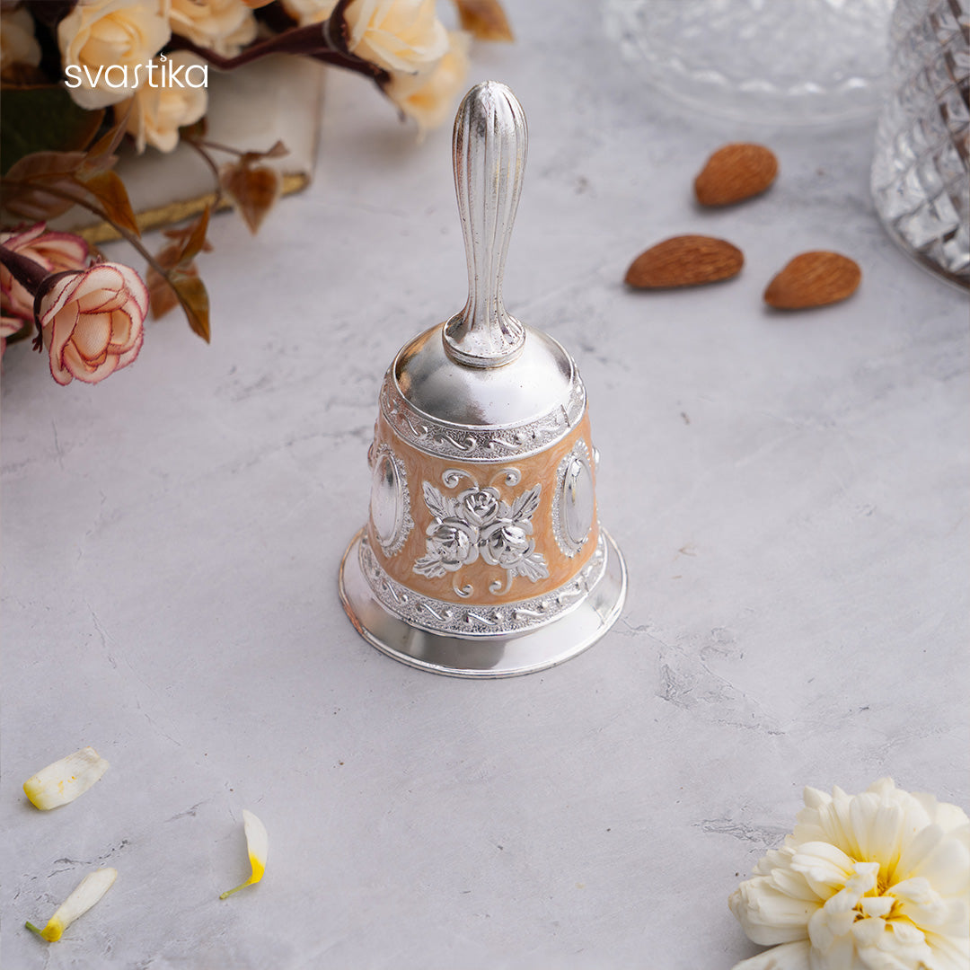 Peach Enamel German Silver Pooja Thali Set ghanti