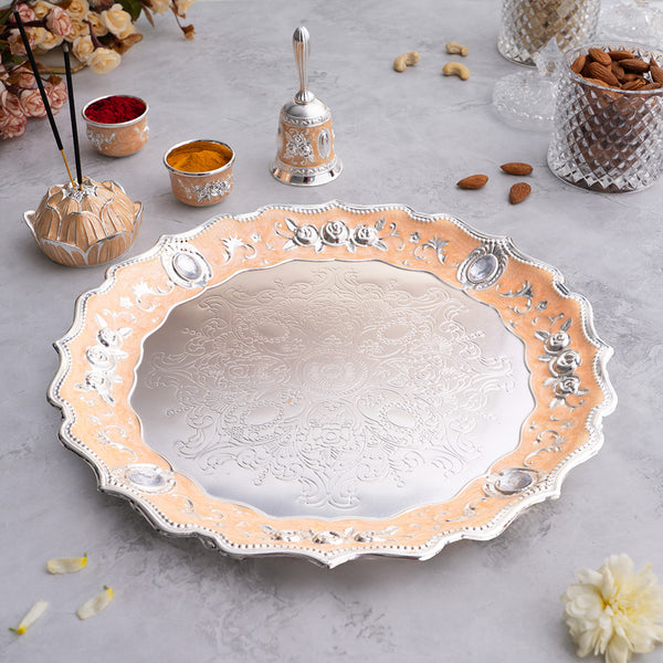 Peach Enamel German Silver Pooja Thali Set (12 Inch)