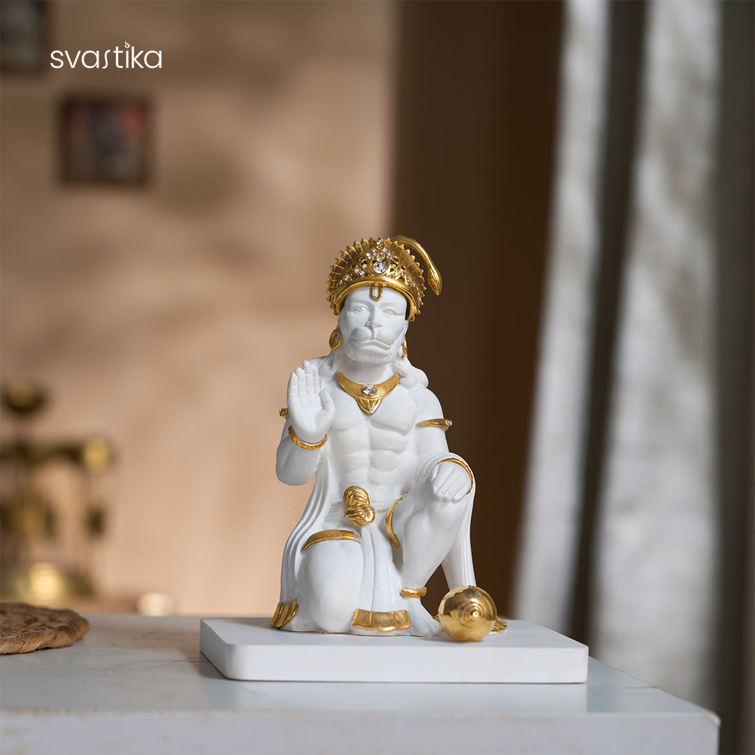 White & Gold Hanuman Ji Kneeling Statue 