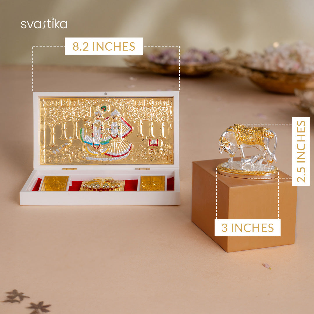 Kamdhenu Cow with Calf Idol - Gold & Silver Plated (2.5 inch) with Svastika Radhe Krishna Pocket Temple - Gold Plated (Small) - Combo