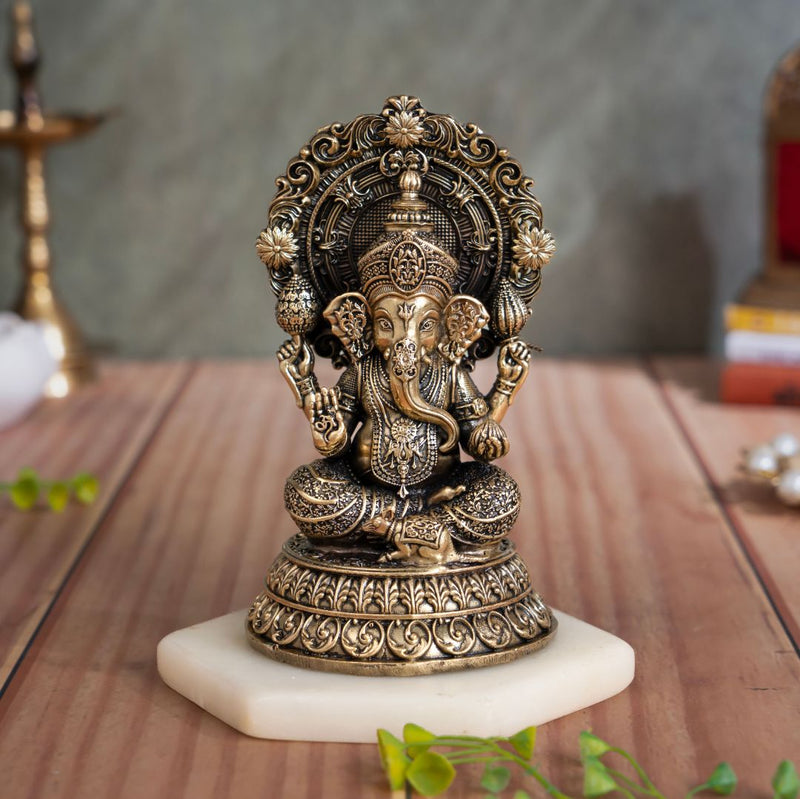 Brass Four-Armed Ganesha Murti with Prabhavali & Mouse Vahana (5.5 Inch)