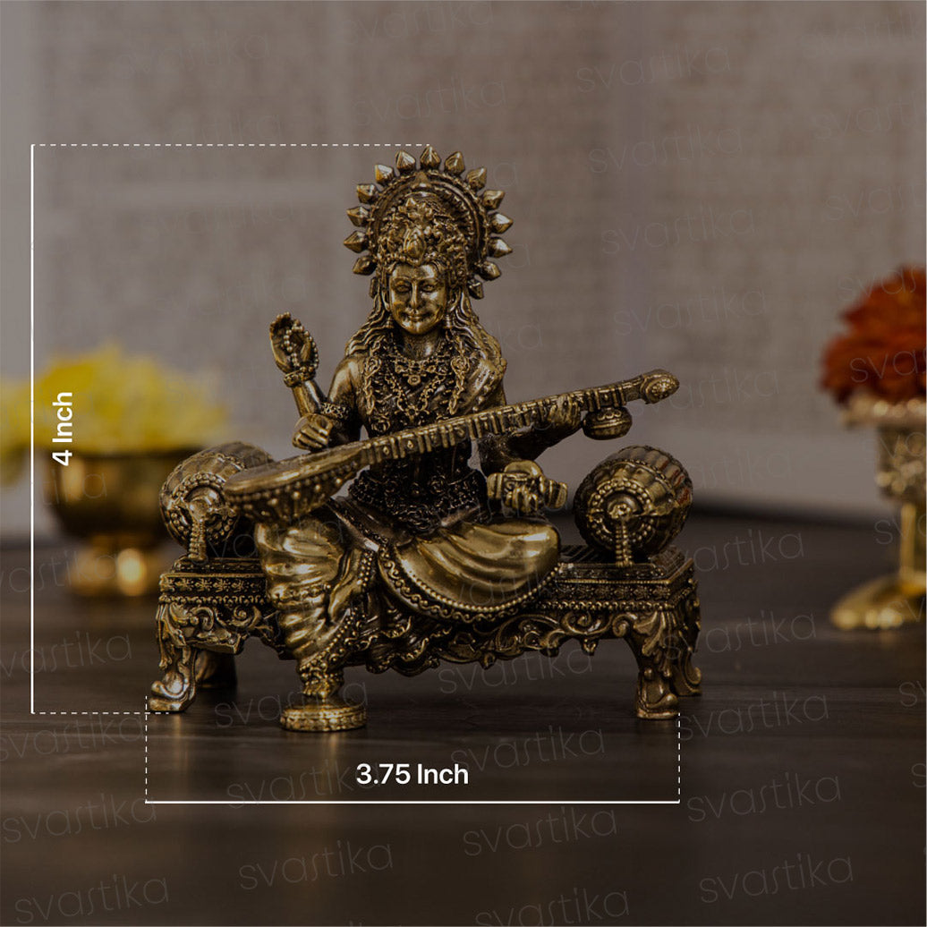 Goddess Saraswati Playing Veena on Singhasan Brass Idol | 4 Inch