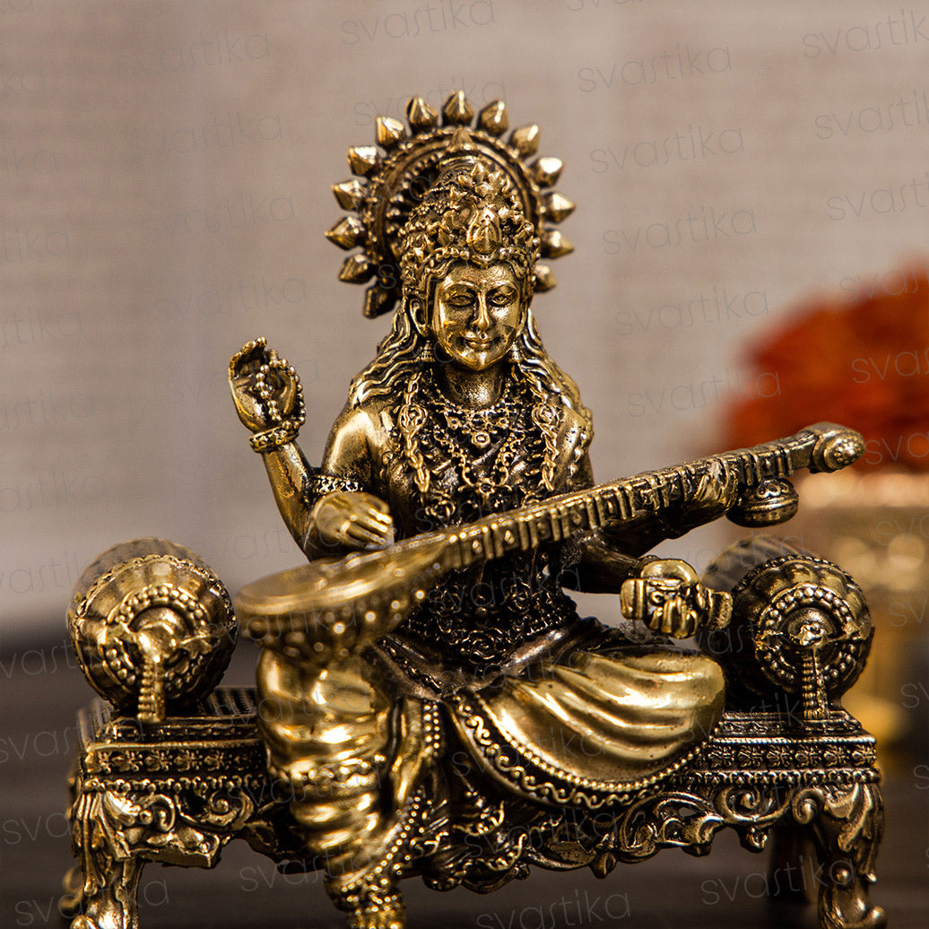 Goddess Saraswati Playing Veena on Singhasan Brass Idol | 4 Inch