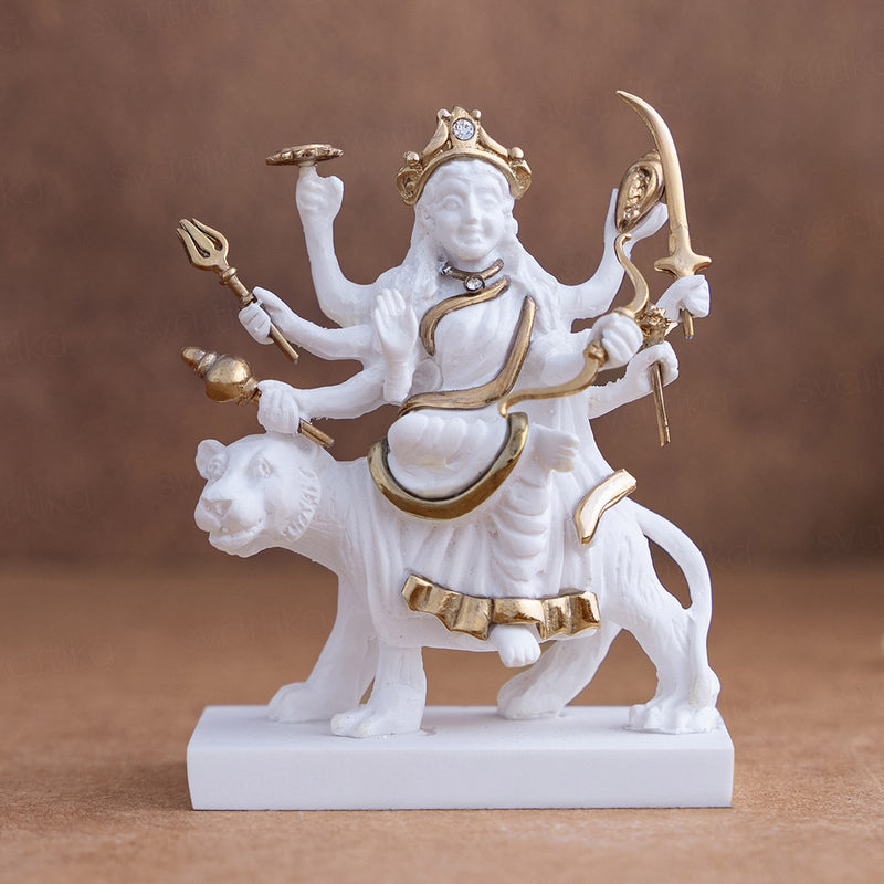 Exquisite White & Gold Sherawali Mata Murti (3.5 inch)