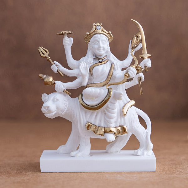 Exquisite White & Gold Sherawali Mata Murti (3.5 inch)
