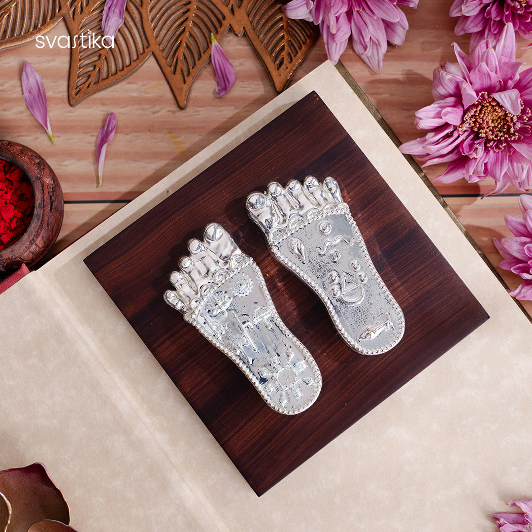 Shree Krishna's Charan Paduka (Lotus Feet) On Base - Silver Plated