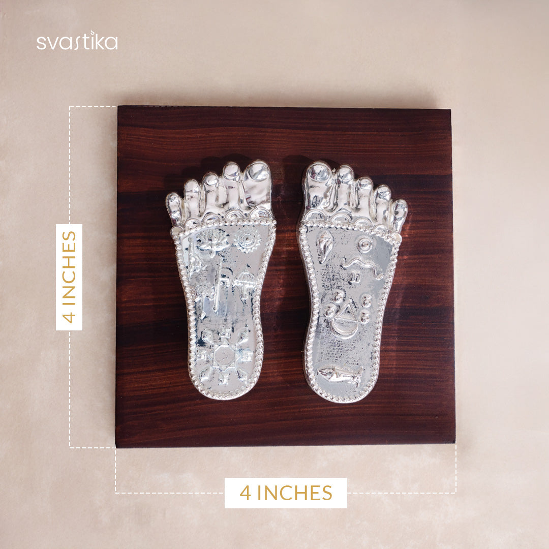 Shree Krishna's Charan Paduka (Lotus Feet) On Base - Silver Plated