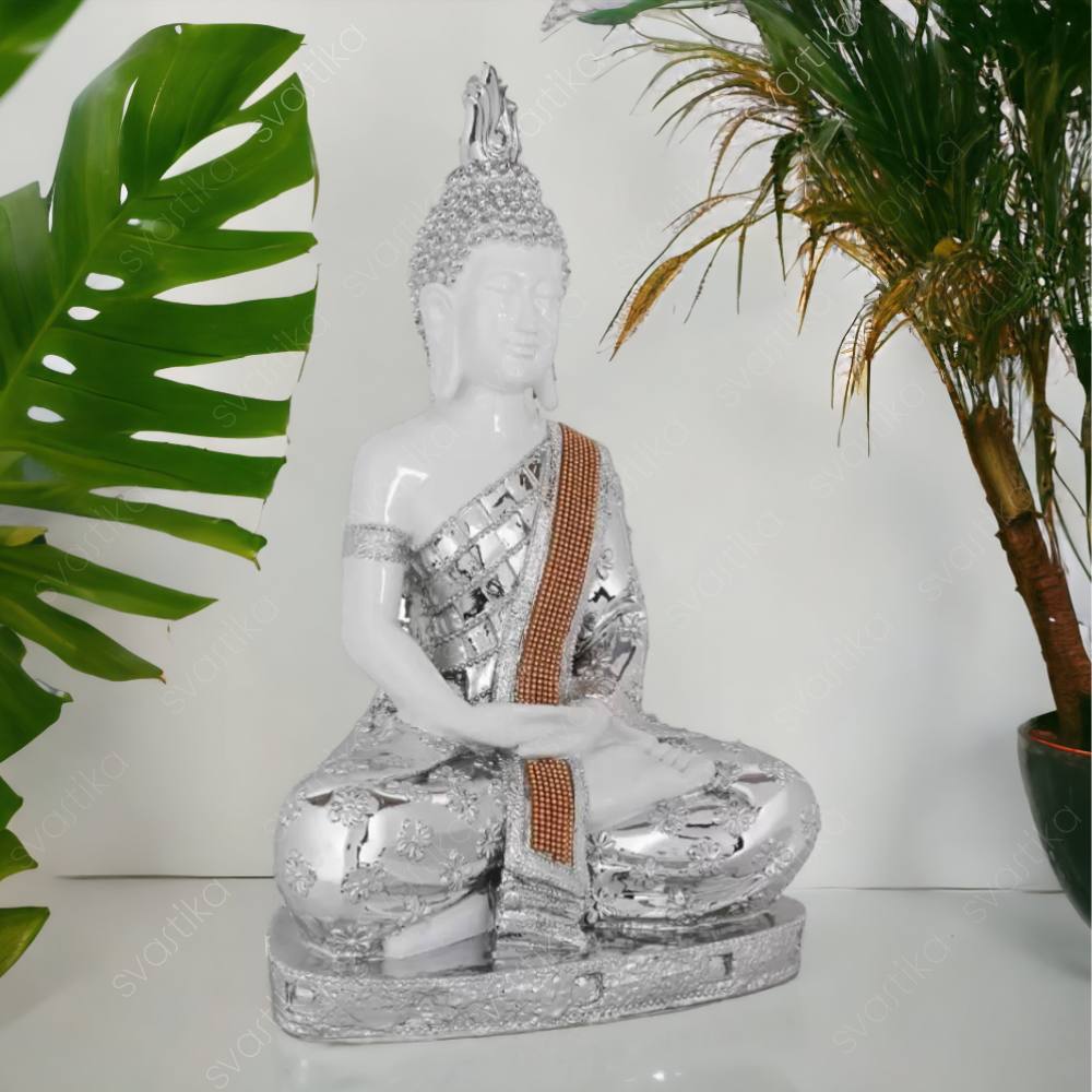 Silver & White 20" Meditating Buddha Statue for Home & Garden