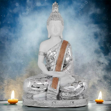 Silver & White 20" Meditating Buddha Statue for Home & Garden