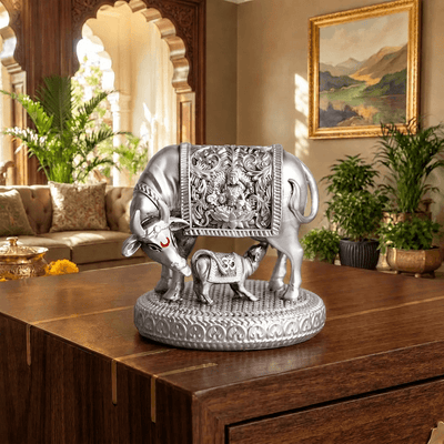 Silver plated  Kamdhenu Cow with Calf Idol