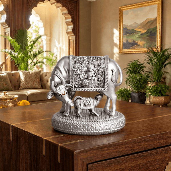 Silver plated  Kamdhenu Cow with Calf Idol