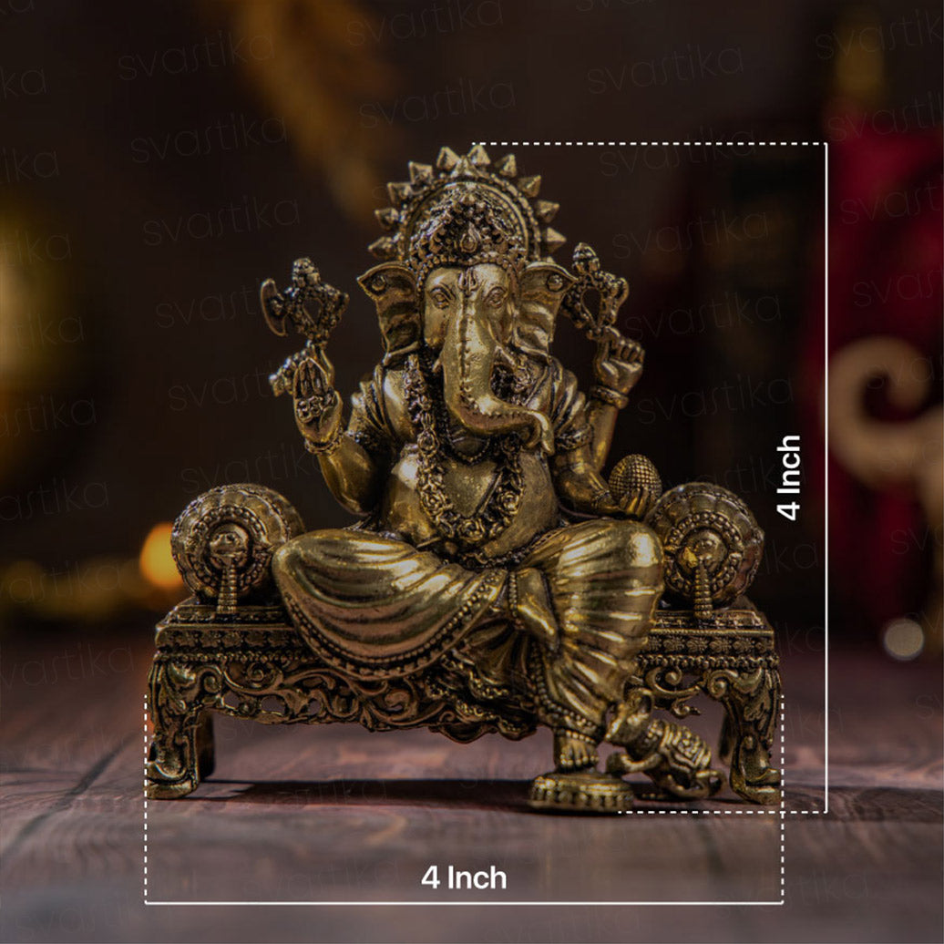 Ganesha Virajman on Sinhasan 4" Brass Idol with Delicate Detailing