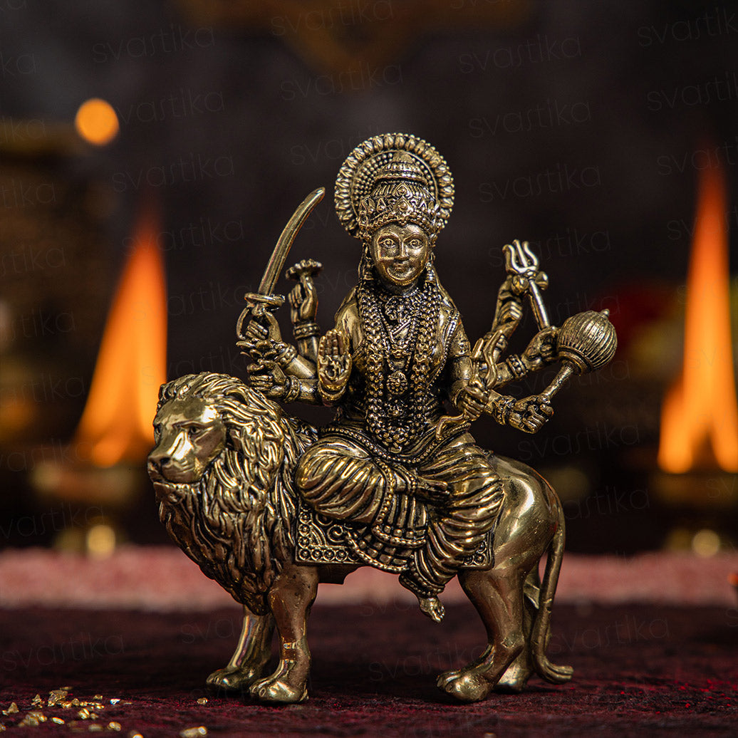 Brass 8 Armed Maa Durga Idol Sitting on Lion (5 Inch)