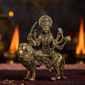 Divine Brass 8 Armed Maa Durga Idol Sitting on Lion | For Pooja & Gifting