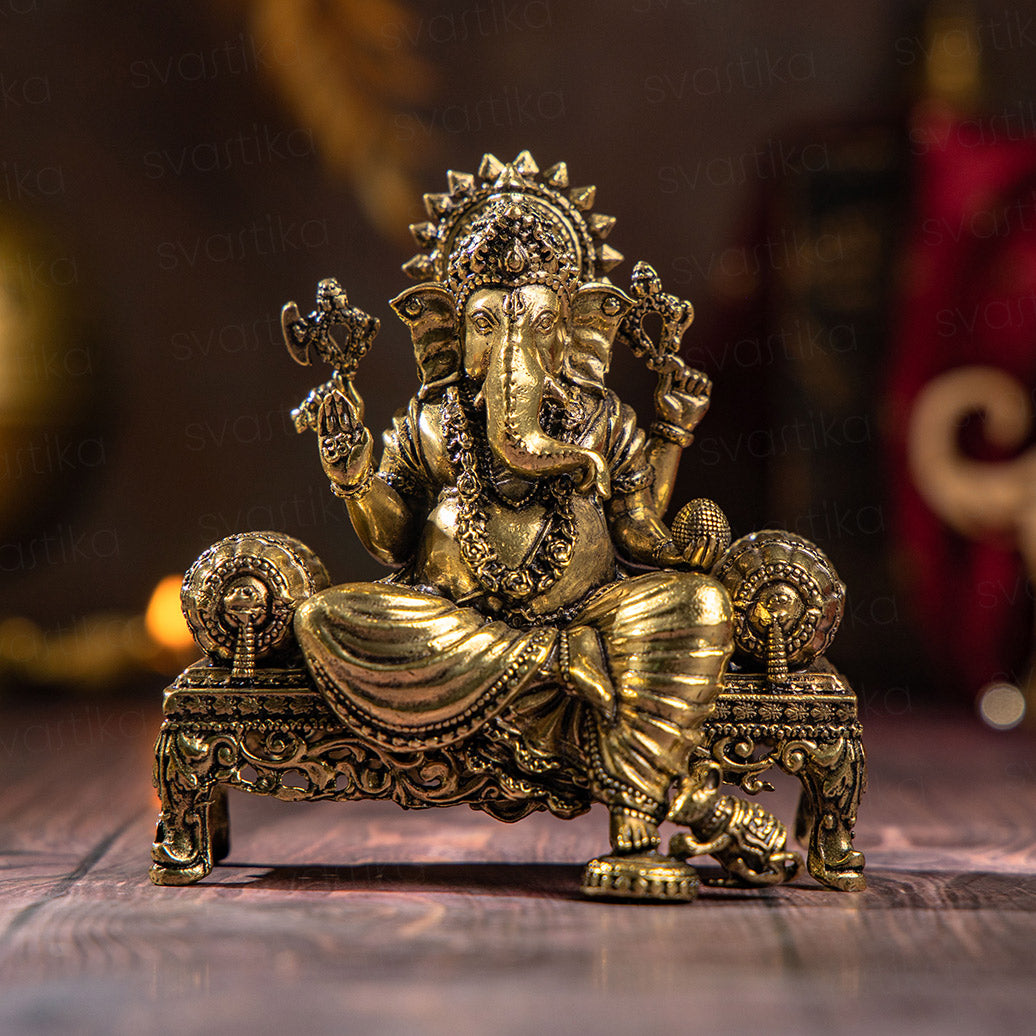 Ganesha Virajman on Sinhasan 4" Brass Idol with Delicate Detailing