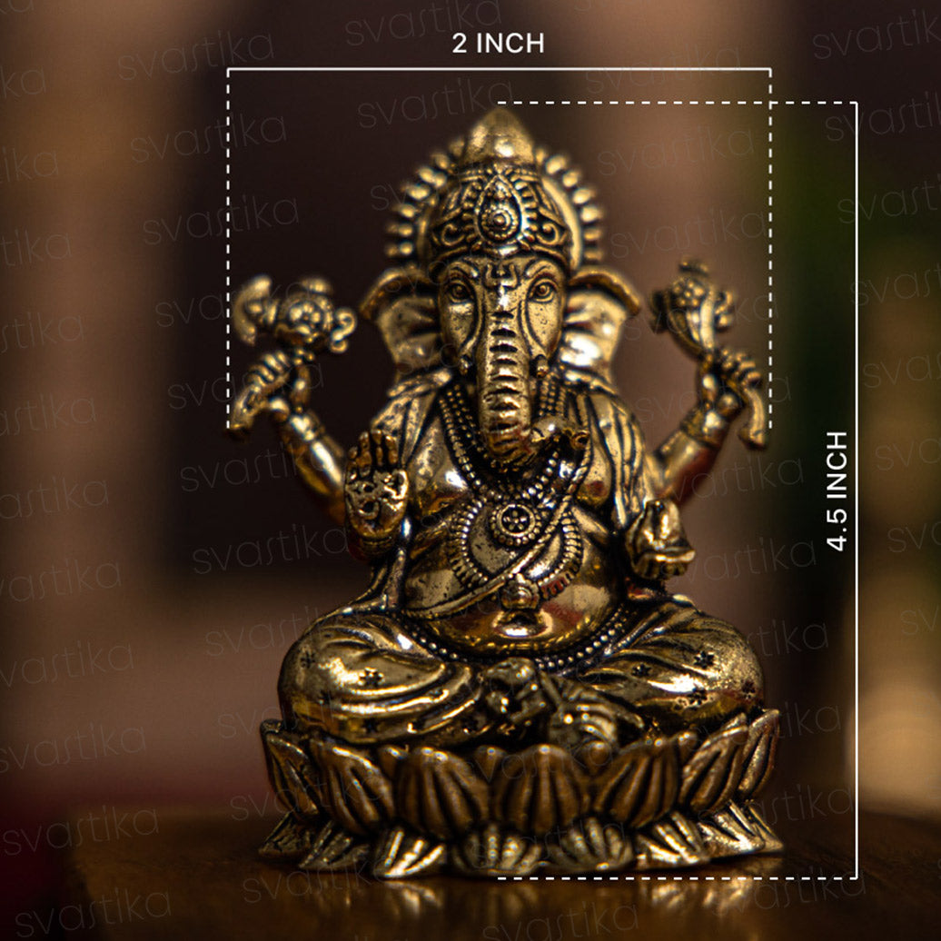 Highly Detailed Left-Trunk Ganesh ji on Lotus Brass Idol | 3 Inch