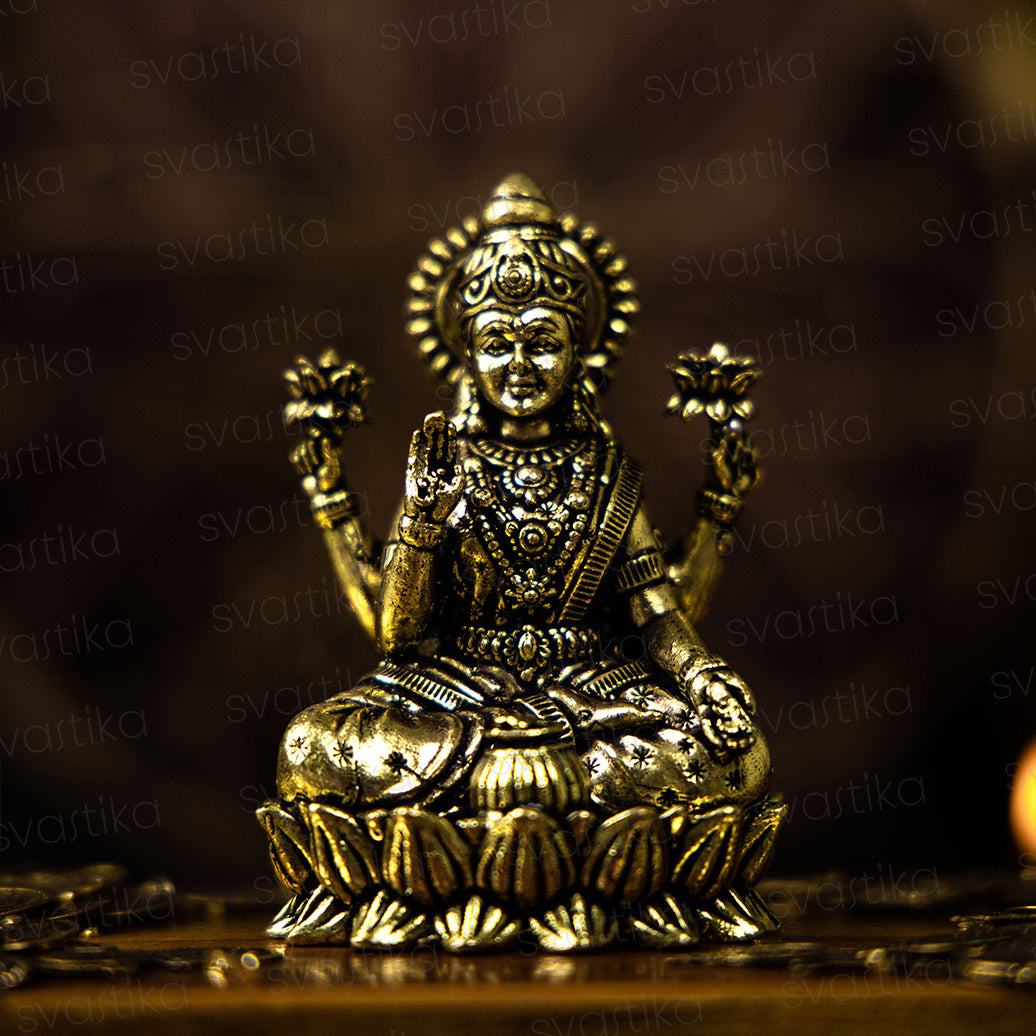 Exquisitely Detailed Goddess Lakshmi on Lotus Brass Idol | 3 Inch