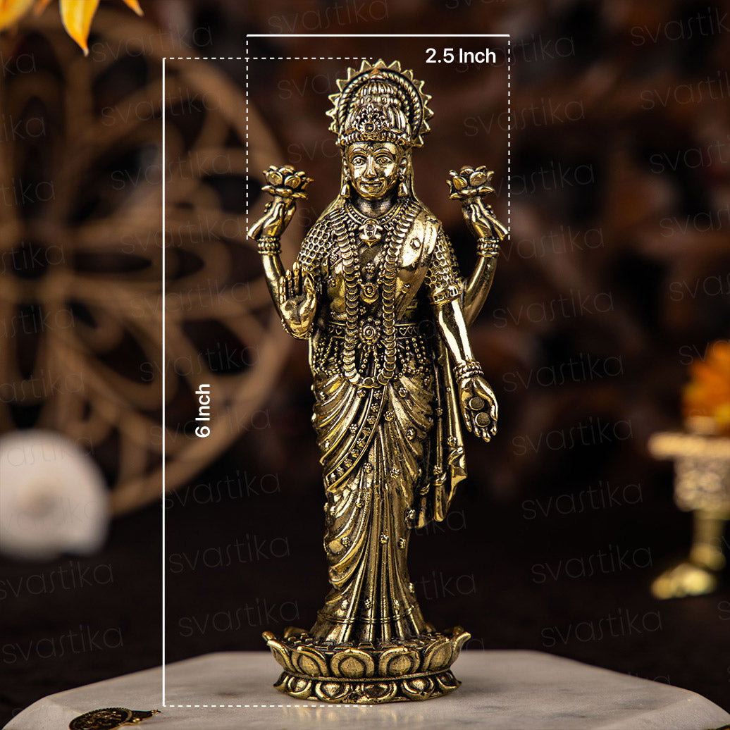 6" Standing Lakshmi on Padma Brass Idol with Meticulous Detailing