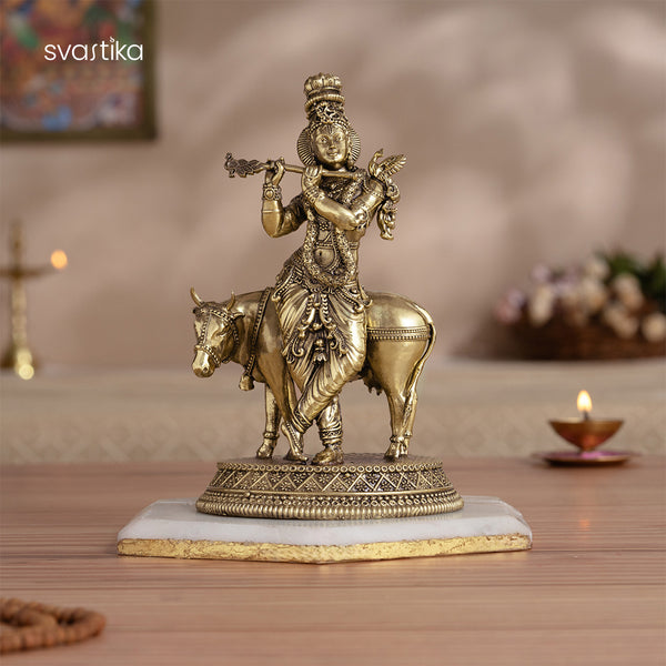 Brass Standing krishna statue with cow (7 Inch)