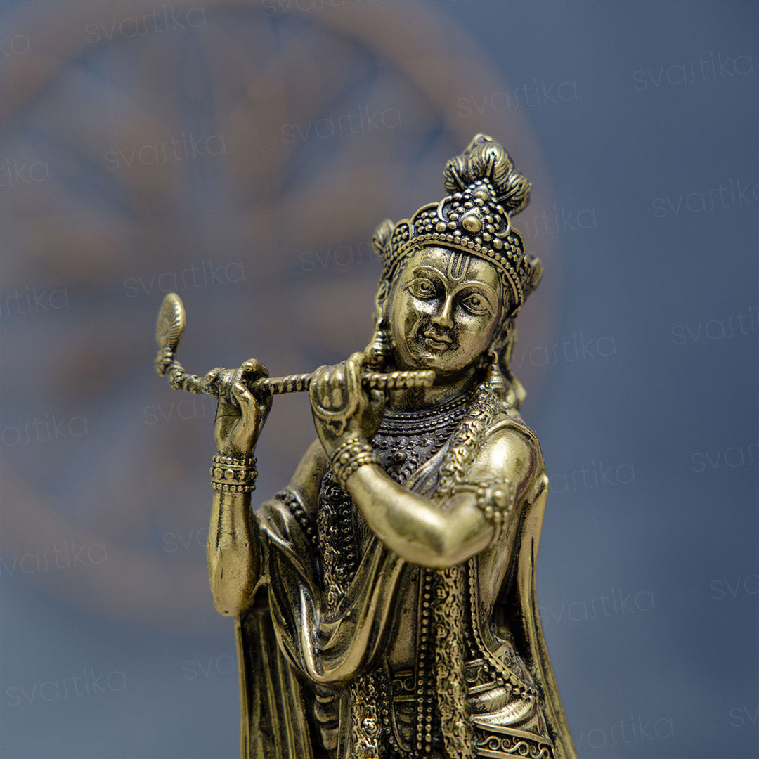 Standing Krishna idol Playing Flute | 6" Divine Brass Idol for Pooja Room