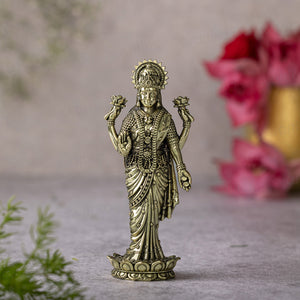 Brass Lakshmi Idol Standing on Lotus (6 Inch)