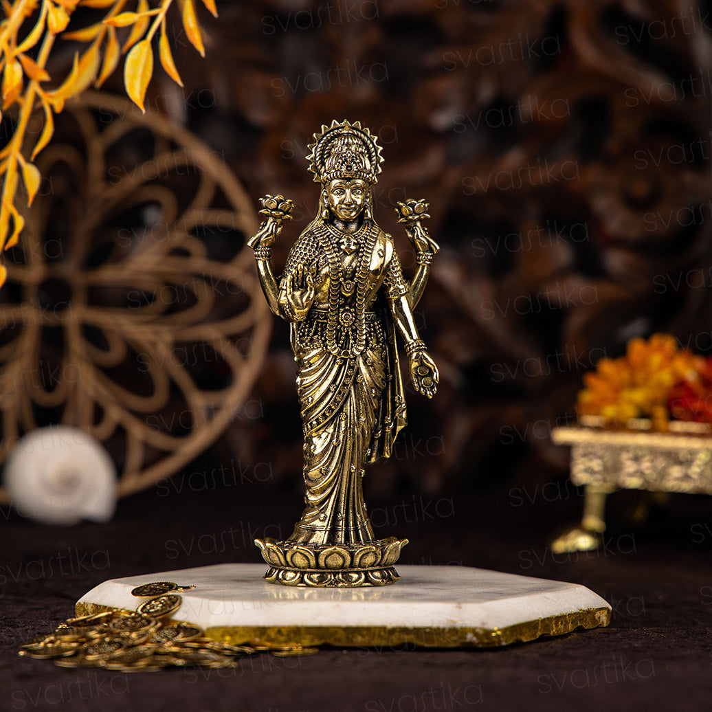 6" Standing Lakshmi on Padma Brass Idol with Meticulous Detailing