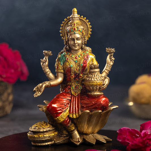 Svastika-Goddess-Lakshmi-Idol-Rustic-Antique-Finish-7-Inch