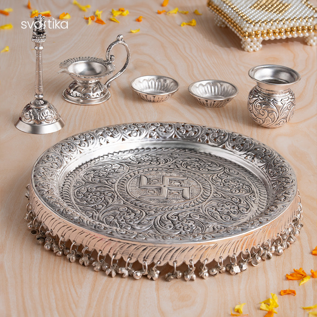 Swastik Engraved Pooja Thali -Silver Plated 