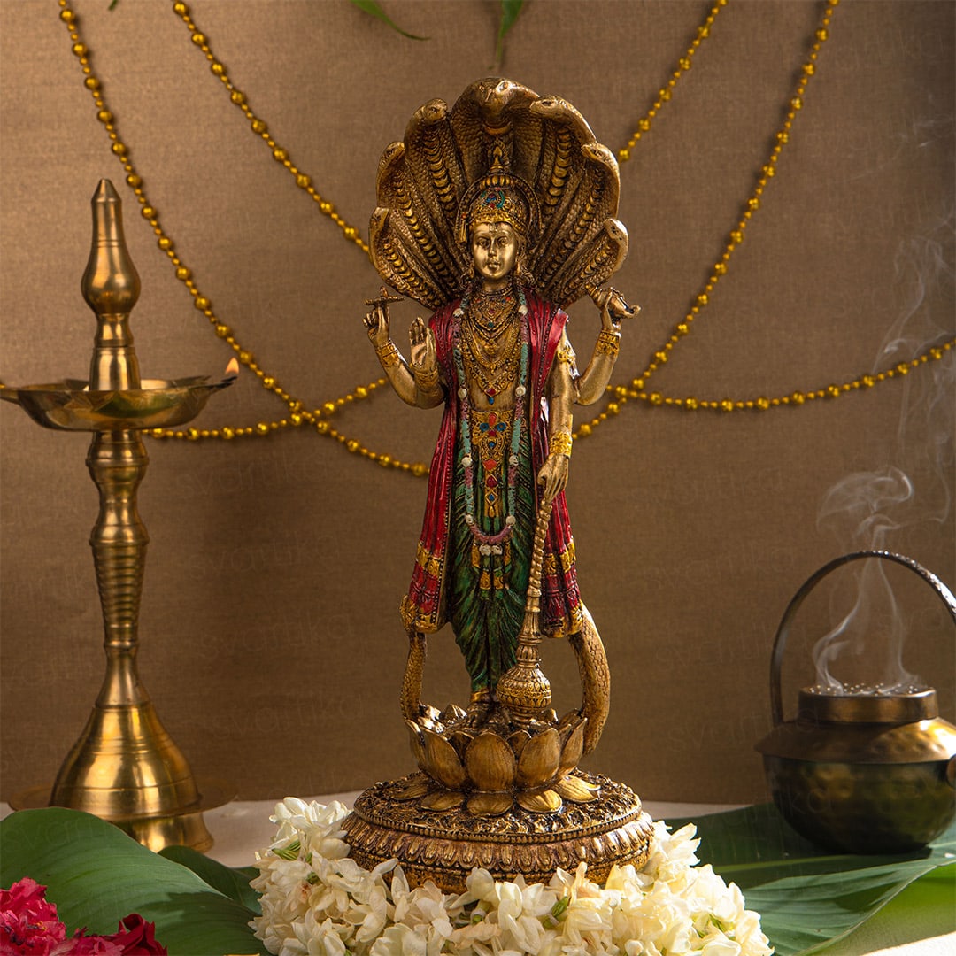 Lord Vishnu Standing Idol (Antique/Copper Finish) - 12inch